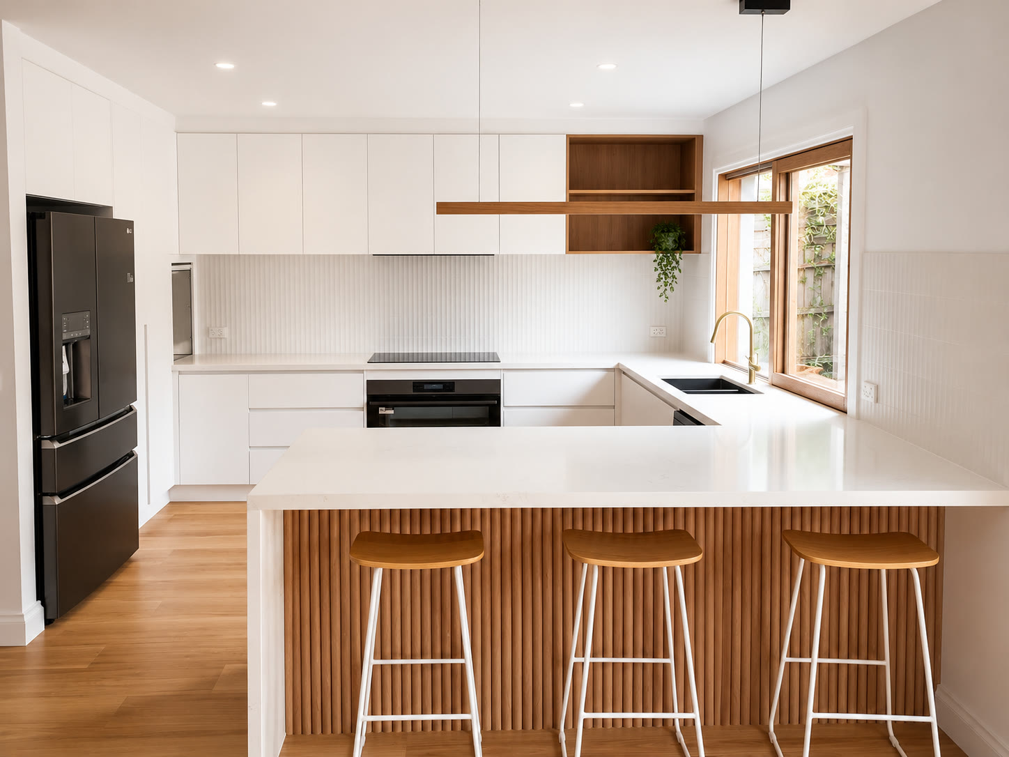 Bright white kitchen with timber-slat island, Heidelberg